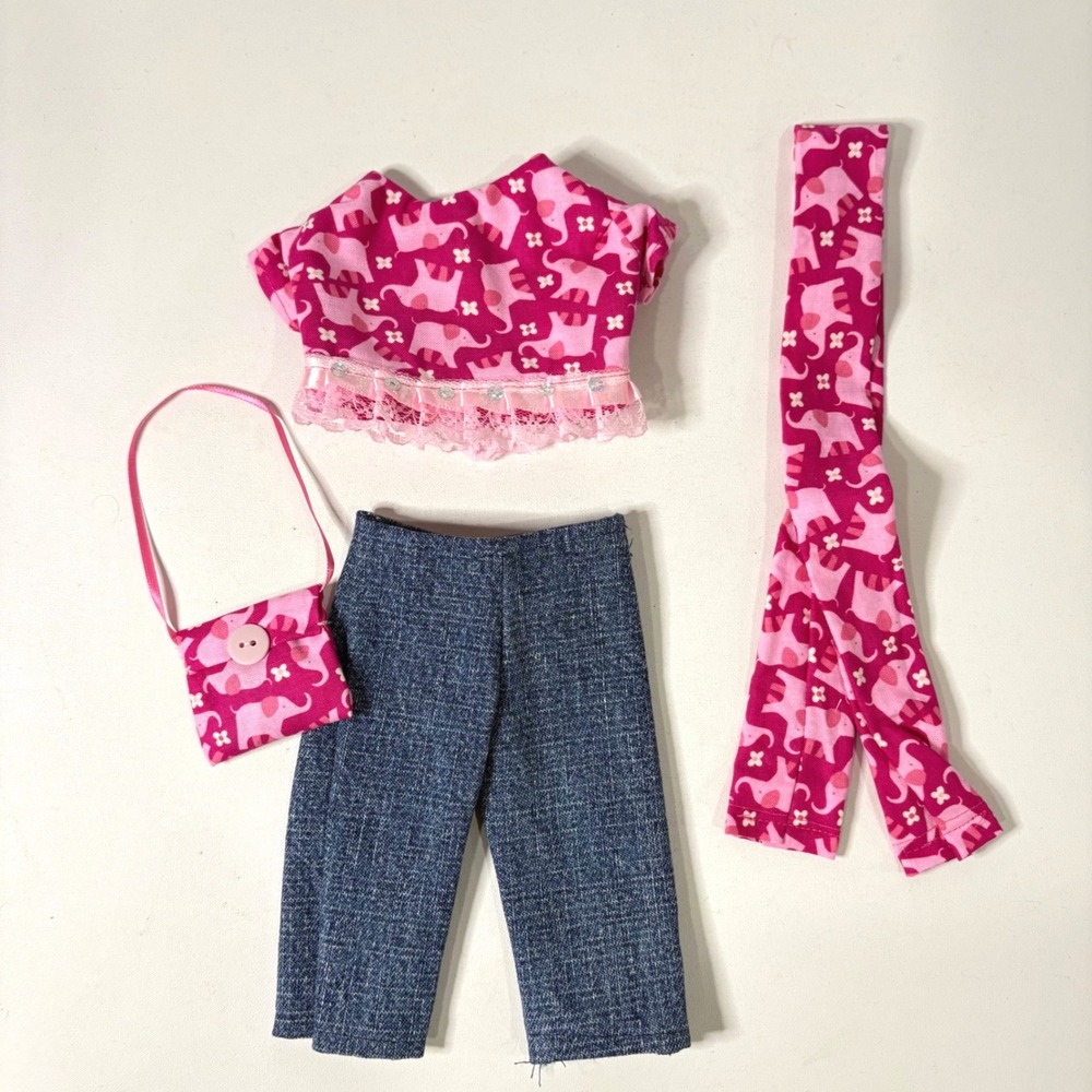 Handmade Pink Elephant Doll Clothes Set Top Leggings Pants Bag for 14 In Doll